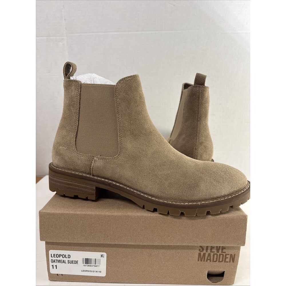 Steve Madden Women's Leopold Leather Oatmeal Suede Chelsea Boots Lug Sole 11M